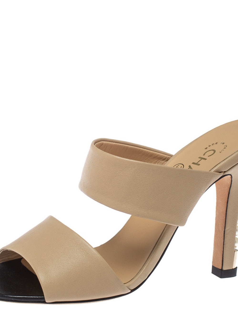 CHANEL Beige and Black Open-Toe Slide Sandals with Pearl-Embellished Heel - Picture 2 of 7
